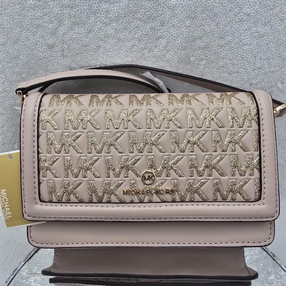 Michael Kors Jet Set Charm Phone Crossbody Soft Pink w/ Golden Glitter Logo